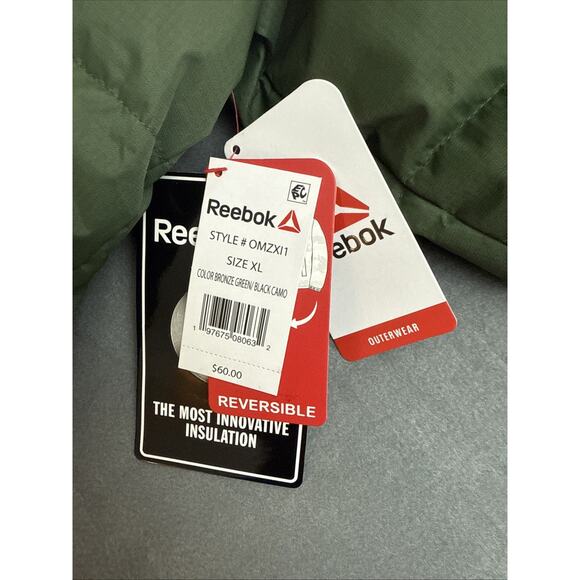 Reebok Men's Puffer Jacket Size XL Full Zip Pockets Reversible Black Green - Picture 8 of 10